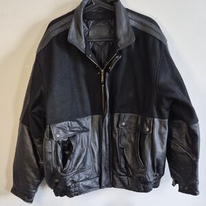 Amanati Men's Black Leather and Wool Bomber Jacket